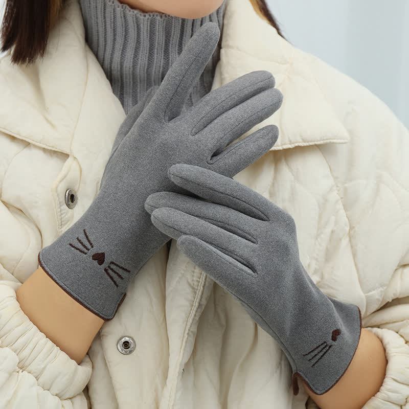 Women's Cute Cat Embroidery Screen Touch Finger Tip Gloves - Gray - image 3