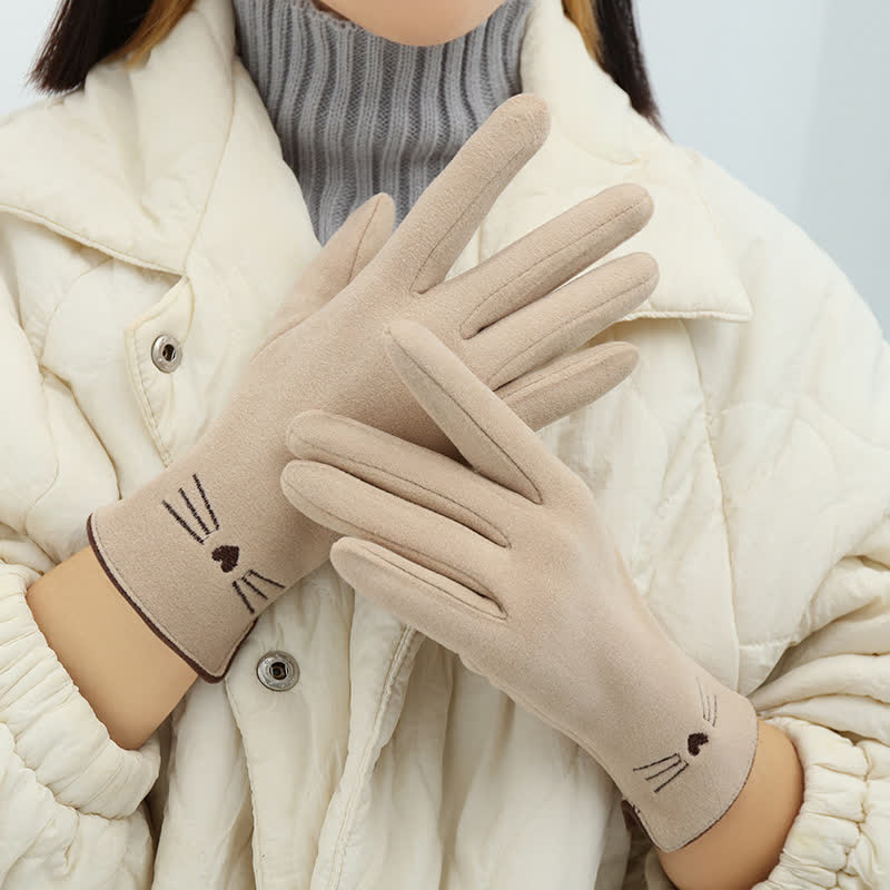 Women's Cute Cat Embroidery Screen Touch Finger Tip Gloves - Ivory - image 11
