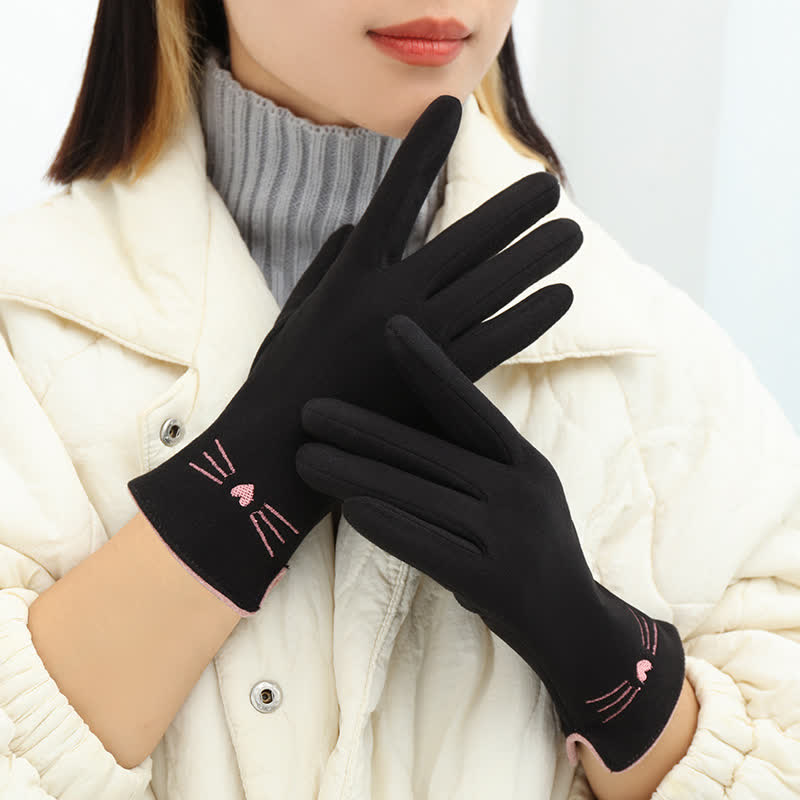 Women's Cute Cat Embroidery Screen Touch Finger Tip Gloves - Black - image 9