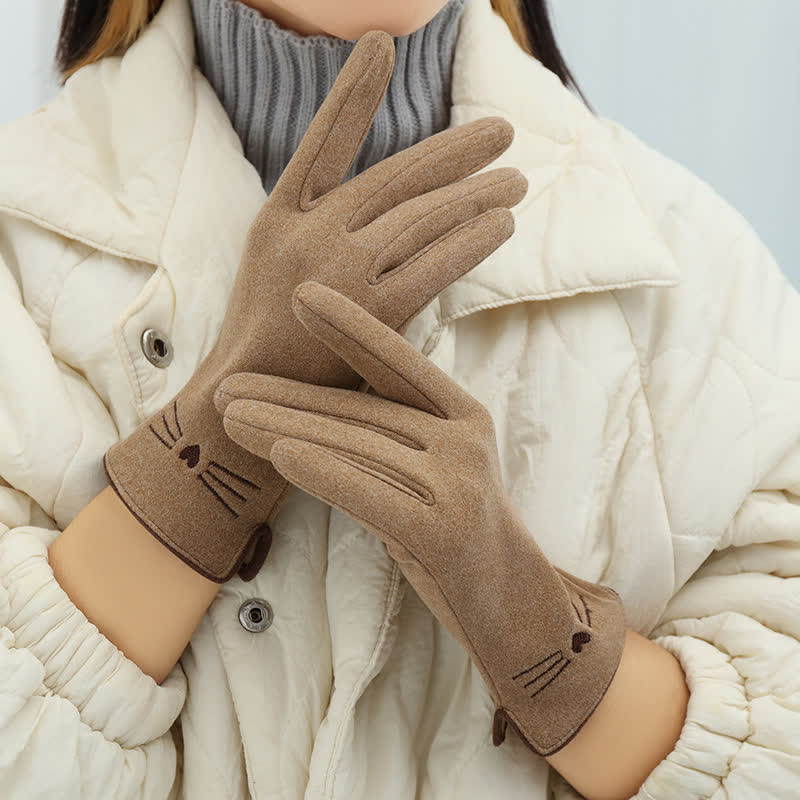 Women's Cute Cat Embroidery Screen Touch Finger Tip Gloves - Khaki - image 0