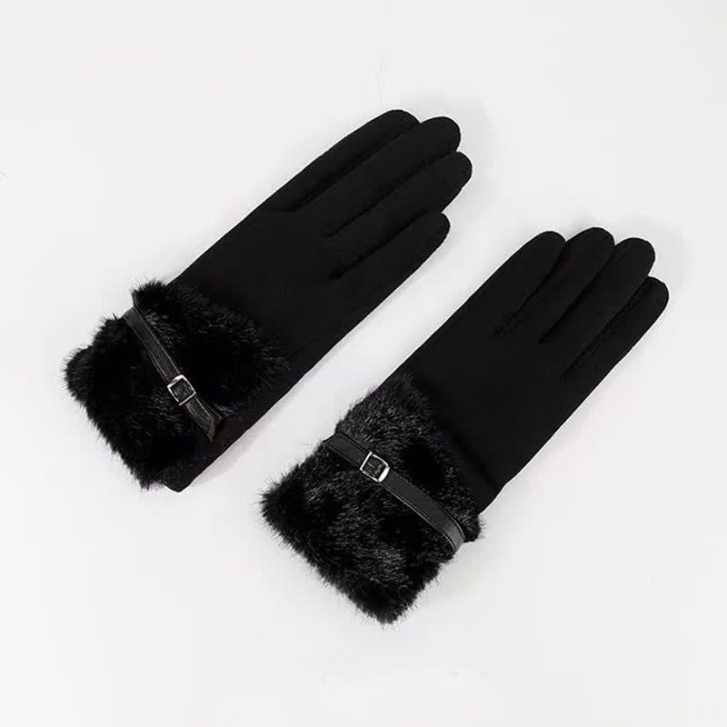 Women's Suede Plush Cuff Metal Decor Gloves - Black - image 3