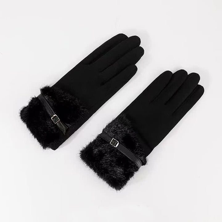 Women's Suede Plush Cuff Metal Decor Gloves - Black - image 3