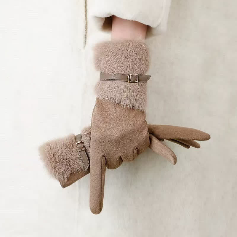 Women's Suede Plush Cuff Metal Decor Gloves - Dark Khaki - image 0