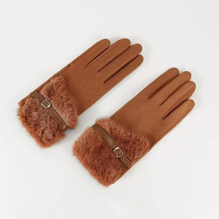 Women's Suede Plush Cuff Metal Decor Gloves - Caramel - image 4