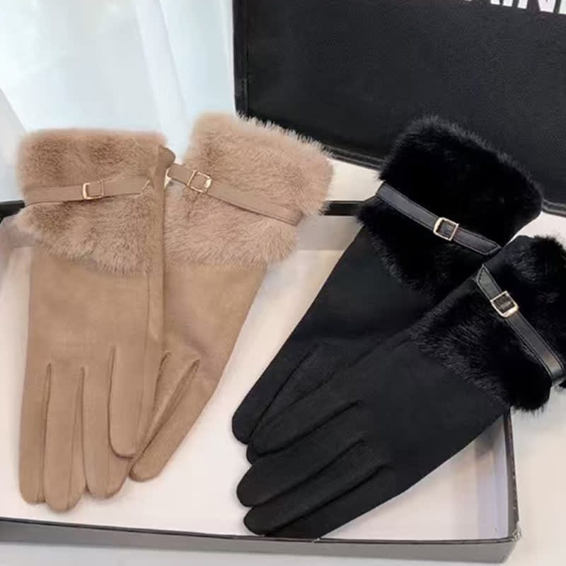 Women's Suede Plush Cuff Metal Decor Gloves - image 2