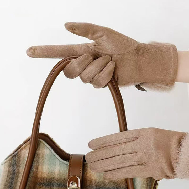 Women's Suede Plush Cuff Metal Decor Gloves - image 1