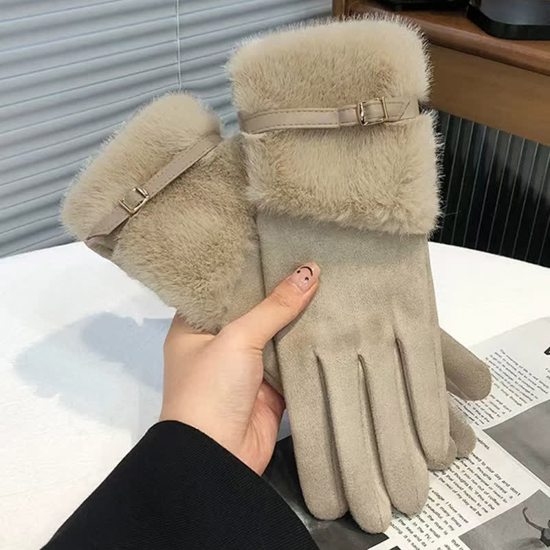 Women's Suede Plush Cuff Metal Decor Gloves - Khaki - image 6