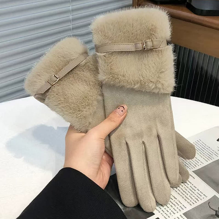Women's Suede Plush Cuff Metal Decor Gloves - Khaki - image 6