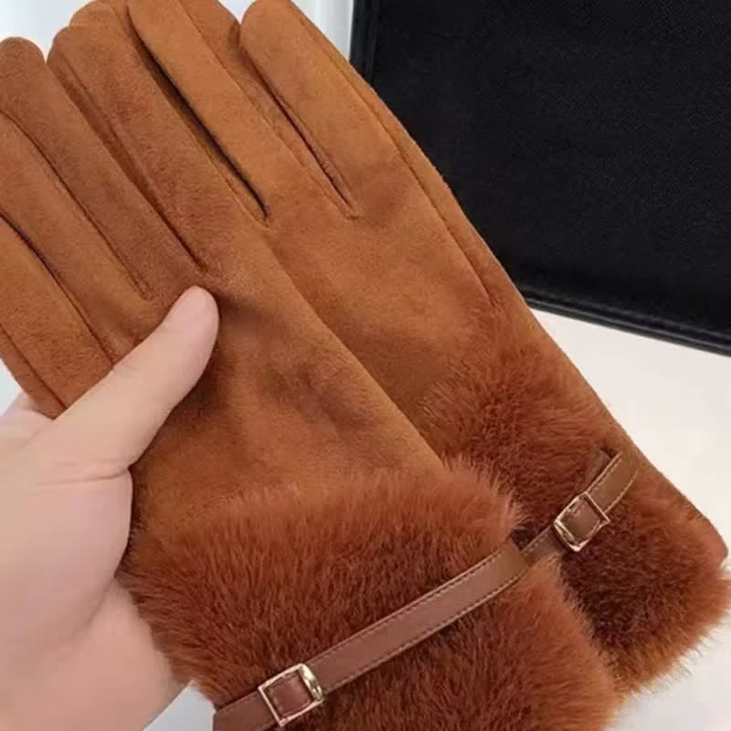 Women's Suede Plush Cuff Metal Decor Gloves - image 5