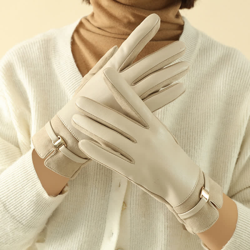 Women's Elegant Winter Suede Metal Buckle PU Leather Gloves - image 1