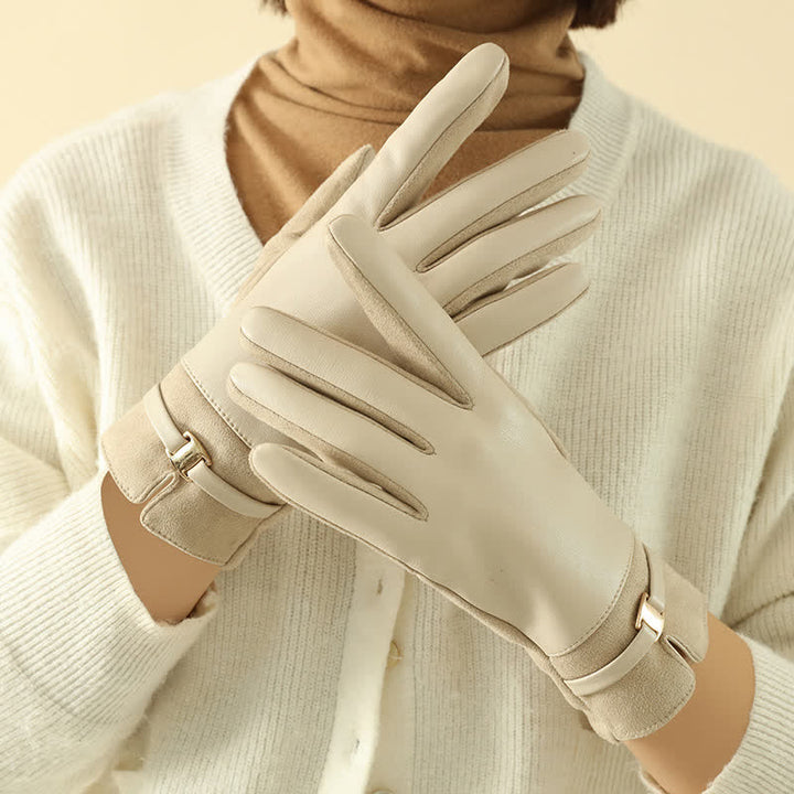 Women's Elegant Winter Suede Metal Buckle PU Leather Gloves - image 1