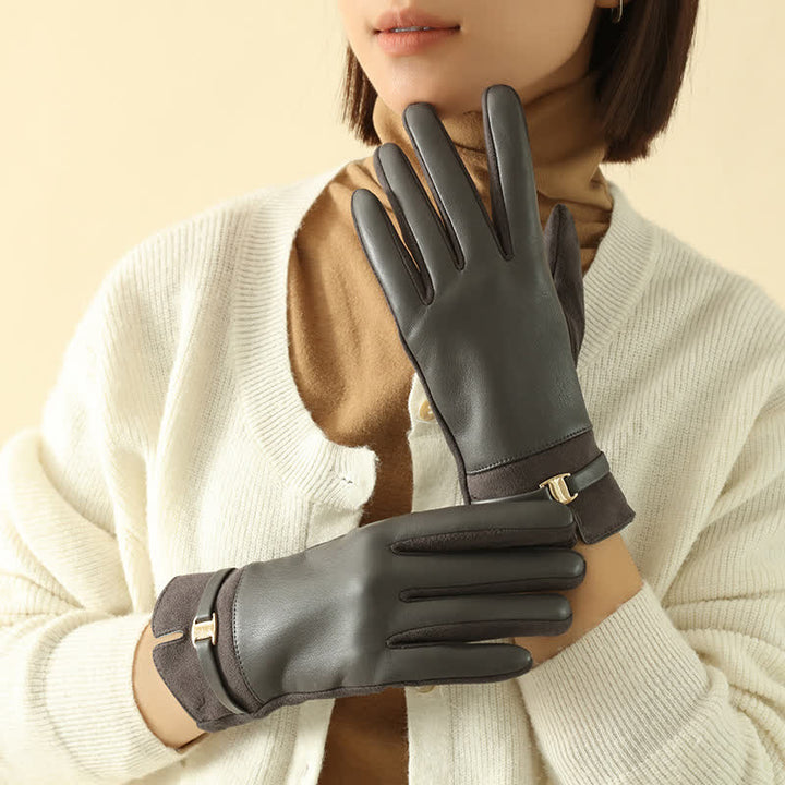 Women's Elegant Winter Suede Metal Buckle PU Leather Gloves - Gray - image 10