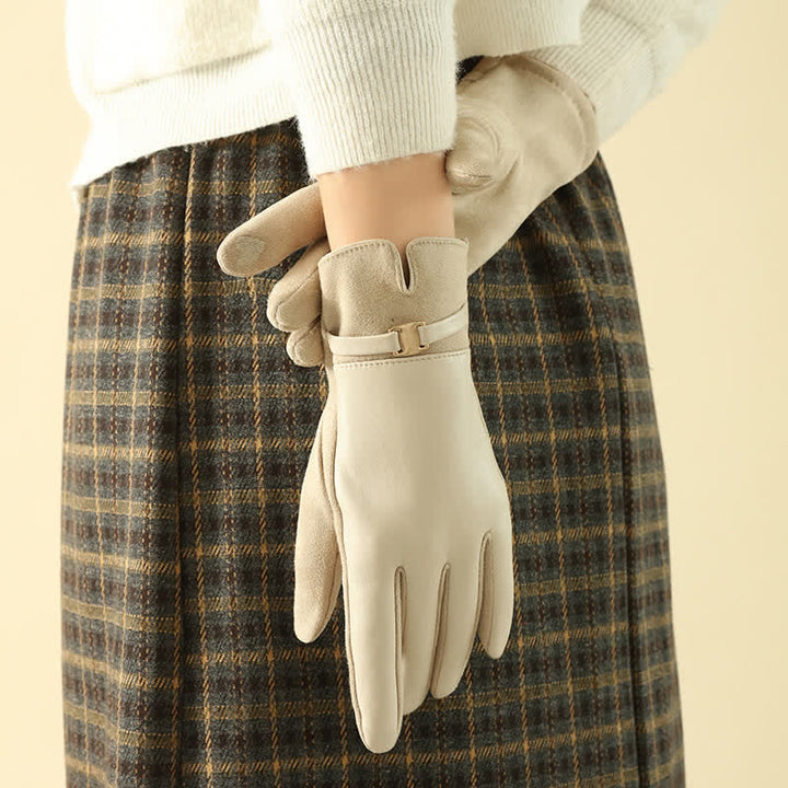 Women's Elegant Winter Suede Metal Buckle PU Leather Gloves - Ivory - image 0