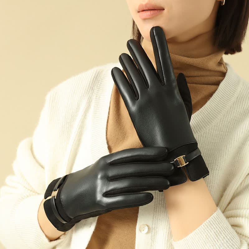 Women's Elegant Winter Suede Metal Buckle PU Leather Gloves - Black - image 8