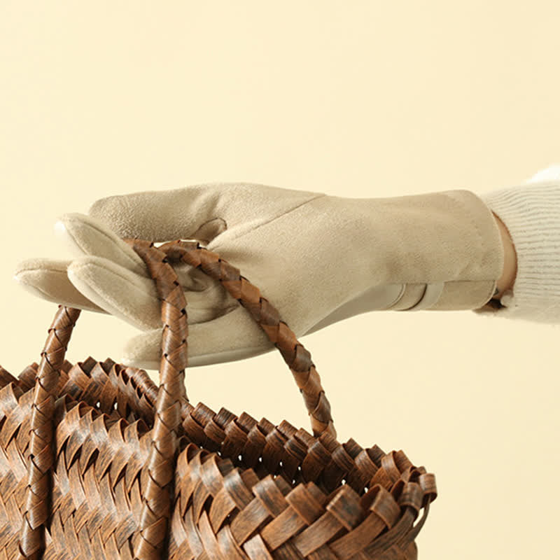 Women's Elegant Winter Suede Metal Buckle PU Leather Gloves - image 5