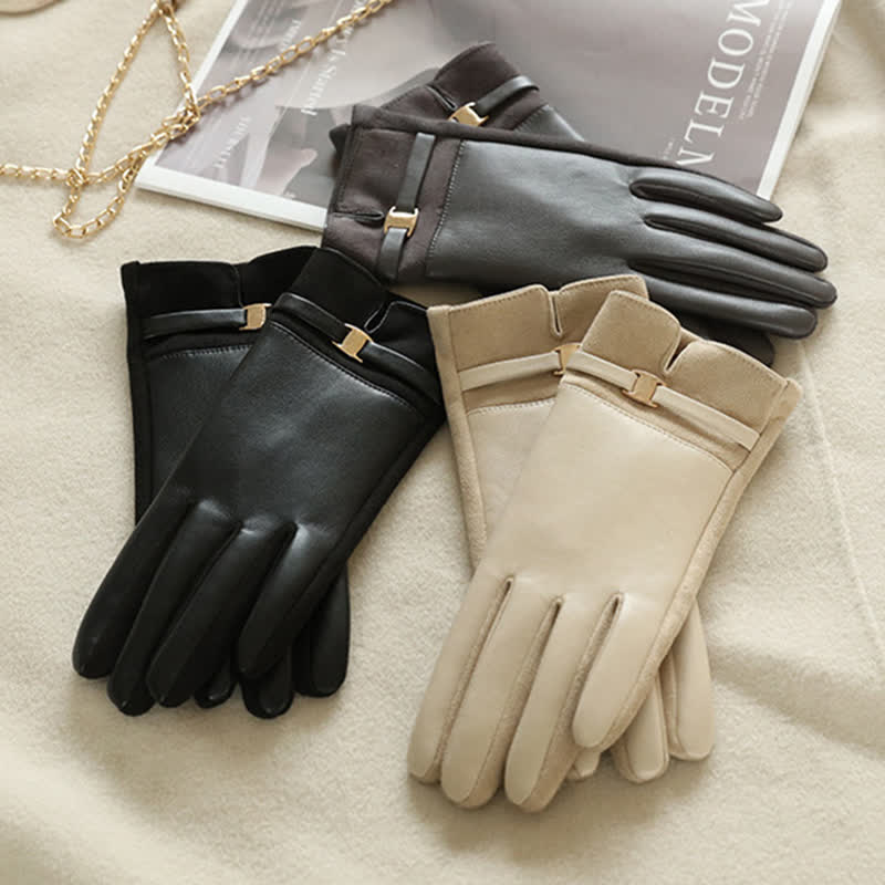 Women's Elegant Winter Suede Metal Buckle PU Leather Gloves - image 2