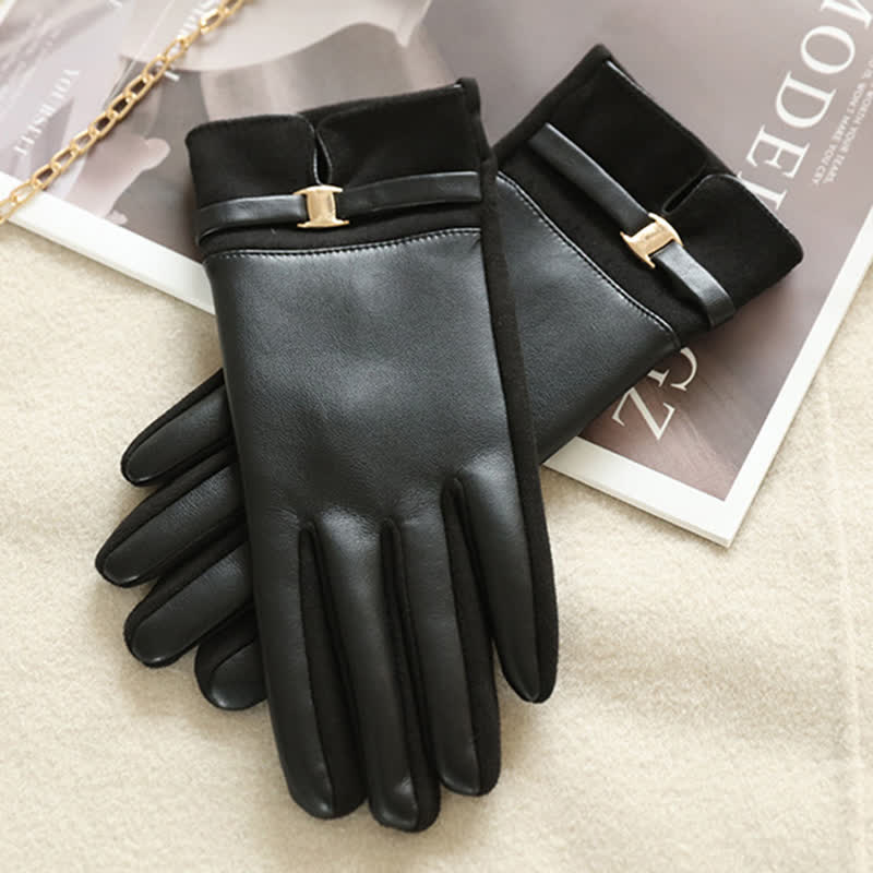 Women's Elegant Winter Suede Metal Buckle PU Leather Gloves - image 9