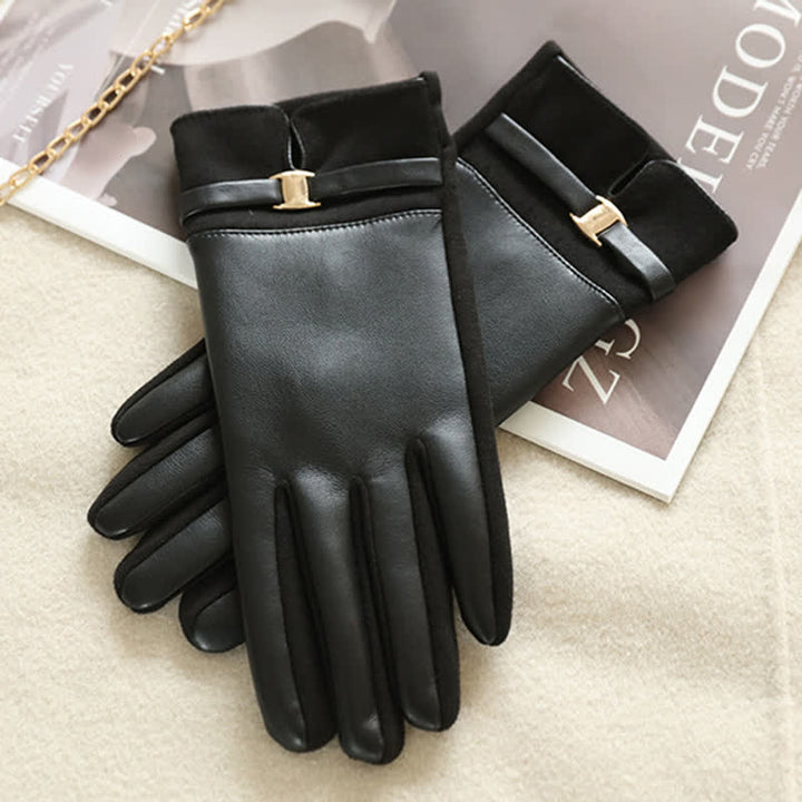 Women's Elegant Winter Suede Metal Buckle PU Leather Gloves - image 9