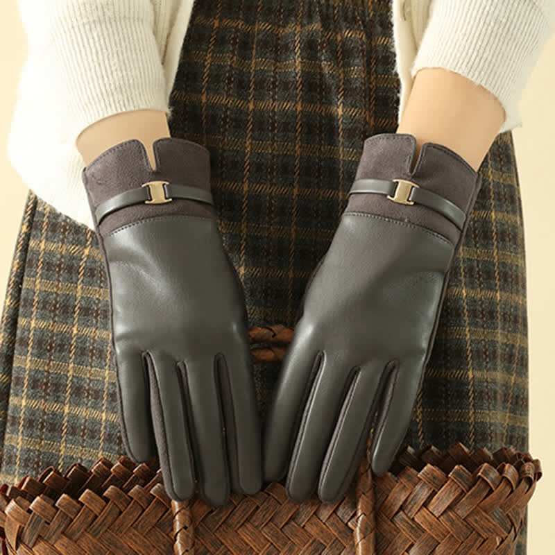 Women's Elegant Winter Suede Metal Buckle PU Leather Gloves - image 11