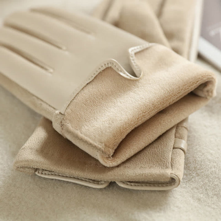 Women's Elegant Winter Suede Metal Buckle PU Leather Gloves - image 6