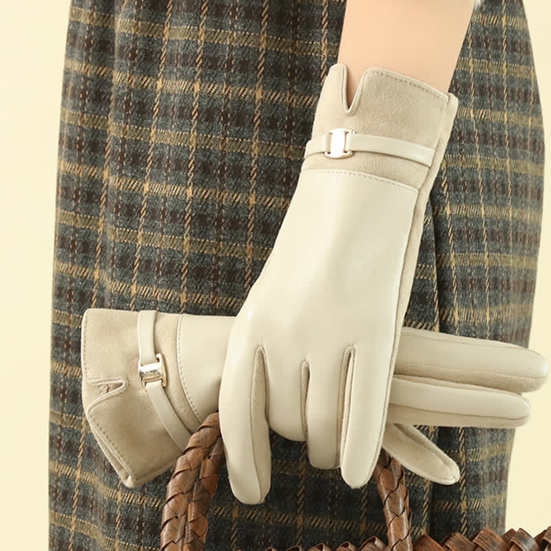 Women's Elegant Winter Suede Metal Buckle PU Leather Gloves - image 4
