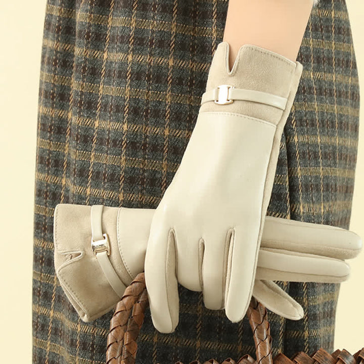Women's Elegant Winter Suede Metal Buckle PU Leather Gloves - image 4