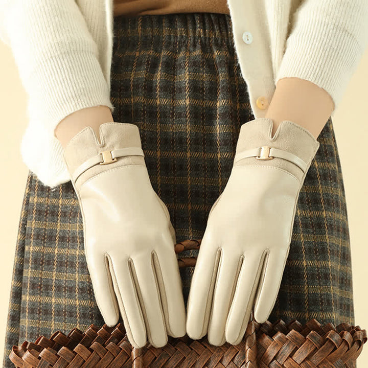 Women's Elegant Winter Suede Metal Buckle PU Leather Gloves - image 3