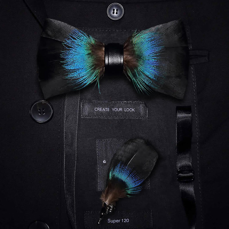 Black & Blue Versatile Feather Bow Tie with Lapel Pin - Adult - image 0