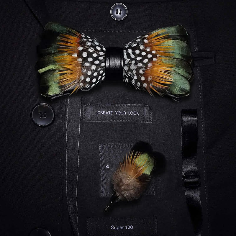 ForestGreen & Orange Vintage Feather Bow Tie with Lapel Pin - Adult - image 0