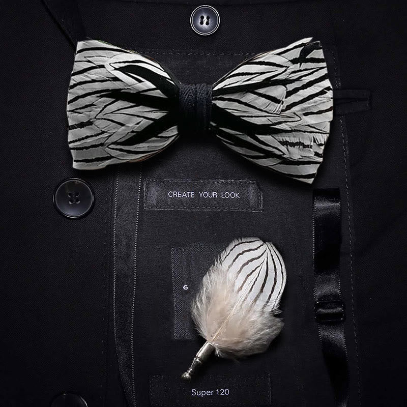 Black & White Zebra Stripe Feather Bow Tie with Lapel Pin - Adult - image 0