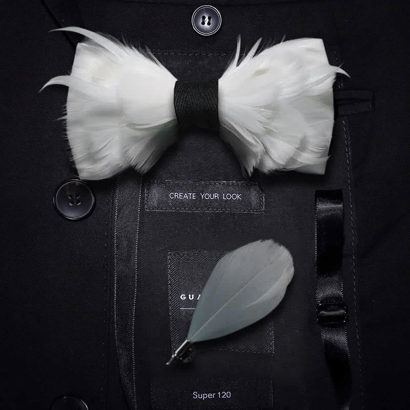 White & Black Elegant Feather Bow Tie with Lapel Pin - Adult - image 0