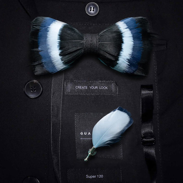 Black & Shade of Blue Feather Bow Tie with Lapel Pin - Adult - image 2