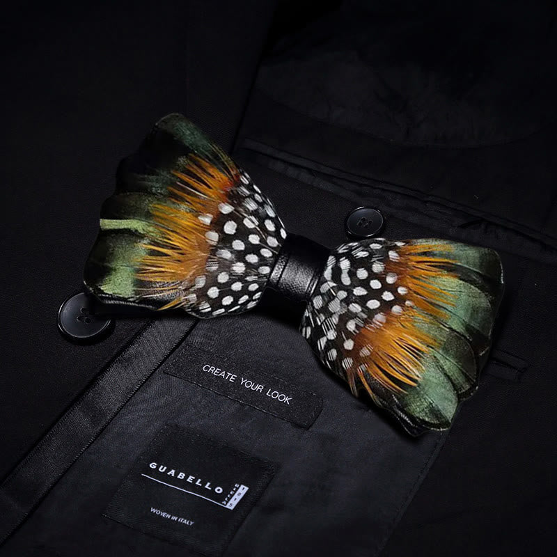 ForestGreen & Orange Vintage Feather Bow Tie with Lapel Pin - image 1