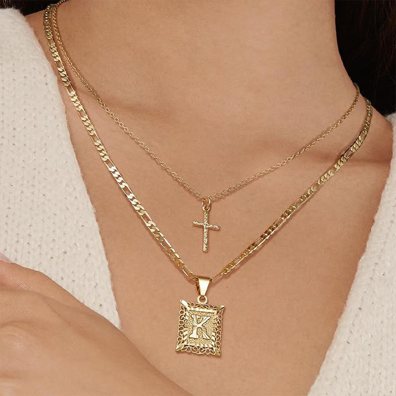 Golden Square Letter & Cross Hollow Necklace Double Chain - image 1