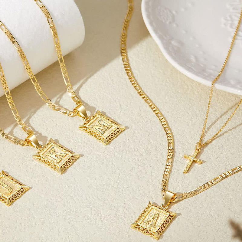 Golden Square Letter & Cross Hollow Necklace Double Chain - image 3