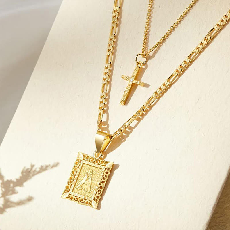 Golden Square Letter & Cross Hollow Necklace Double Chain - image 0