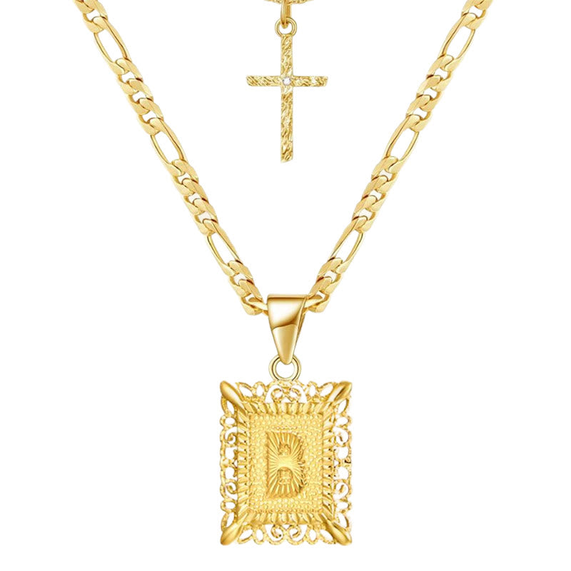 Golden Square Letter & Cross Hollow Necklace Double Chain - B - image 4