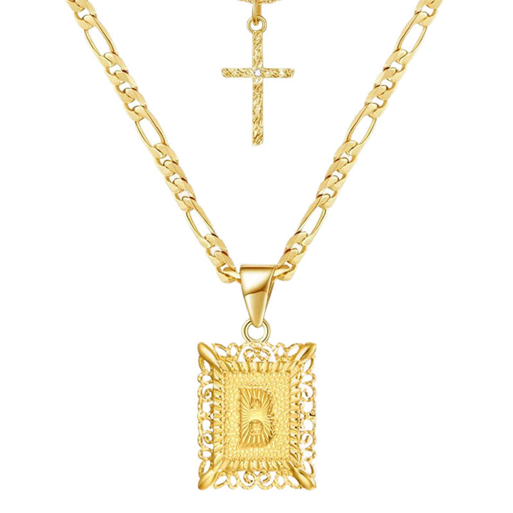 Golden Square Letter & Cross Hollow Necklace Double Chain - B - image 4