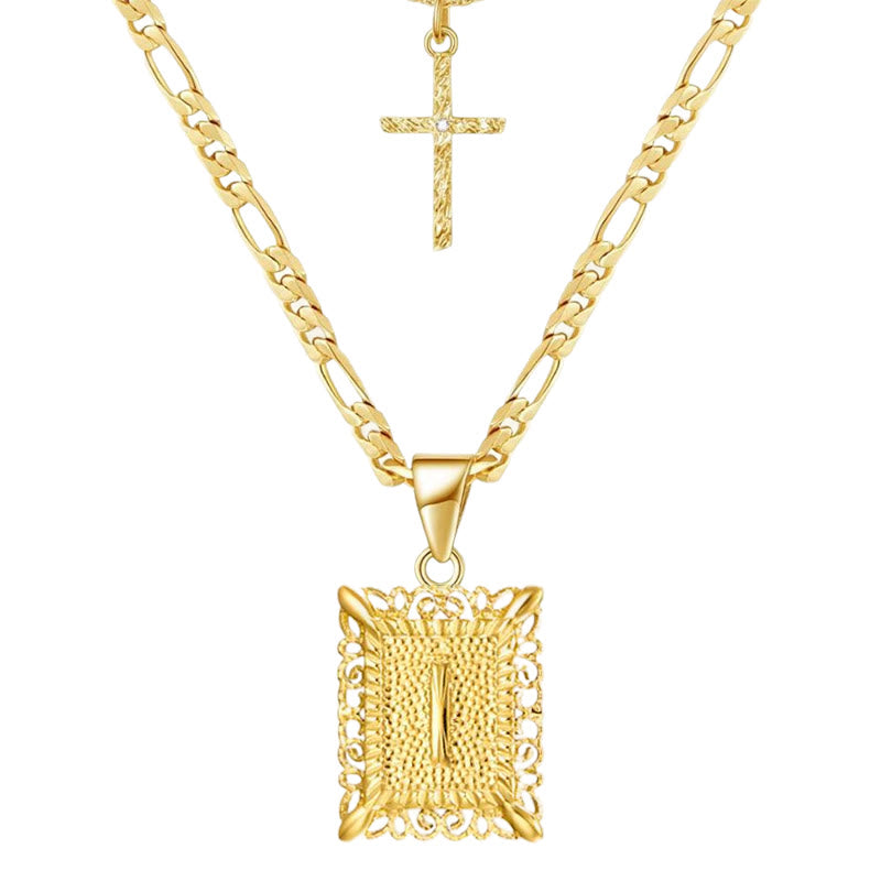 Golden Square Letter & Cross Hollow Necklace Double Chain - I - image 11