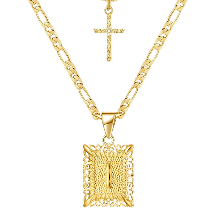 Golden Square Letter & Cross Hollow Necklace Double Chain - I - image 11
