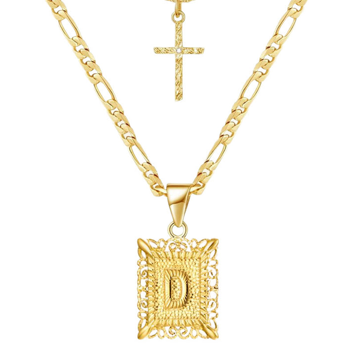 Golden Square Letter & Cross Hollow Necklace Double Chain - D - image 6