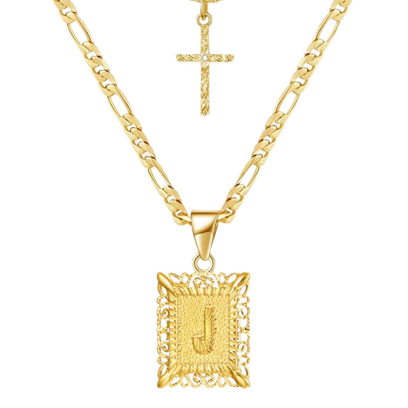 Golden Square Letter & Cross Hollow Necklace Double Chain - J - image 12