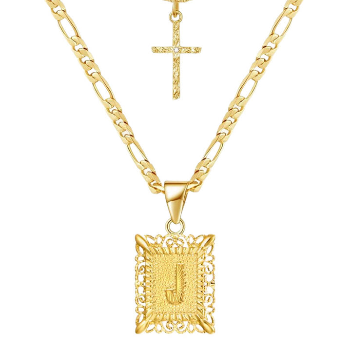Golden Square Letter & Cross Hollow Necklace Double Chain - J - image 12