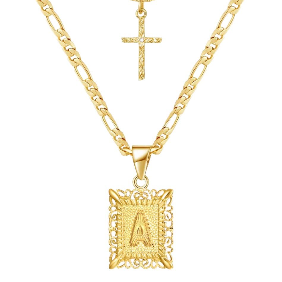 Golden Square Letter & Cross Hollow Necklace Double Chain - A - image 2