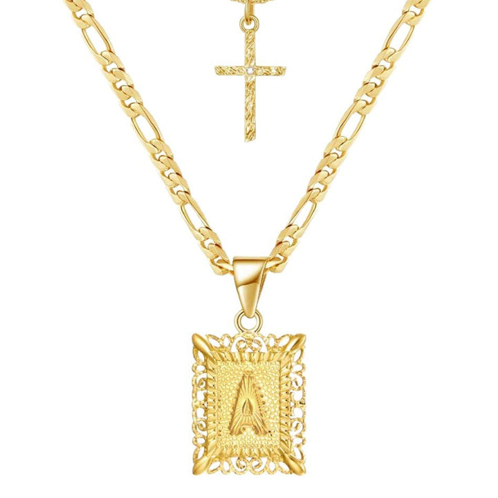 Golden Square Letter & Cross Hollow Necklace Double Chain - A - image 2