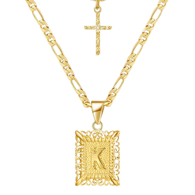 Golden Square Letter & Cross Hollow Necklace Double Chain - K - image 13
