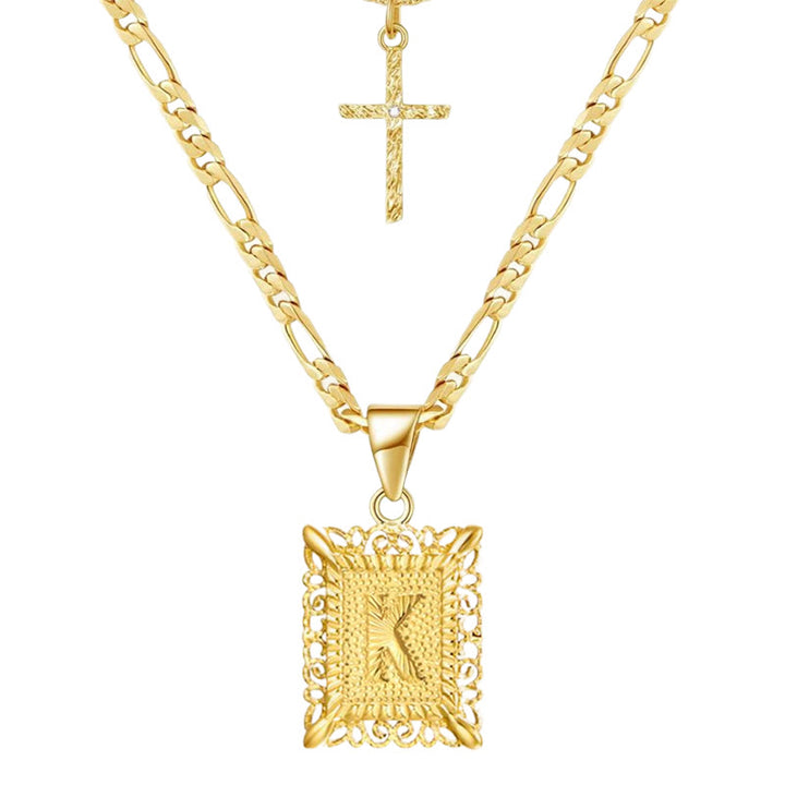 Golden Square Letter & Cross Hollow Necklace Double Chain - K - image 13