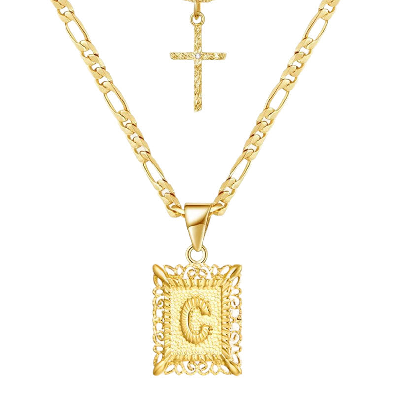 Golden Square Letter & Cross Hollow Necklace Double Chain - C - image 5