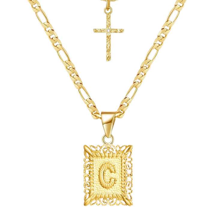 Golden Square Letter & Cross Hollow Necklace Double Chain - C - image 5