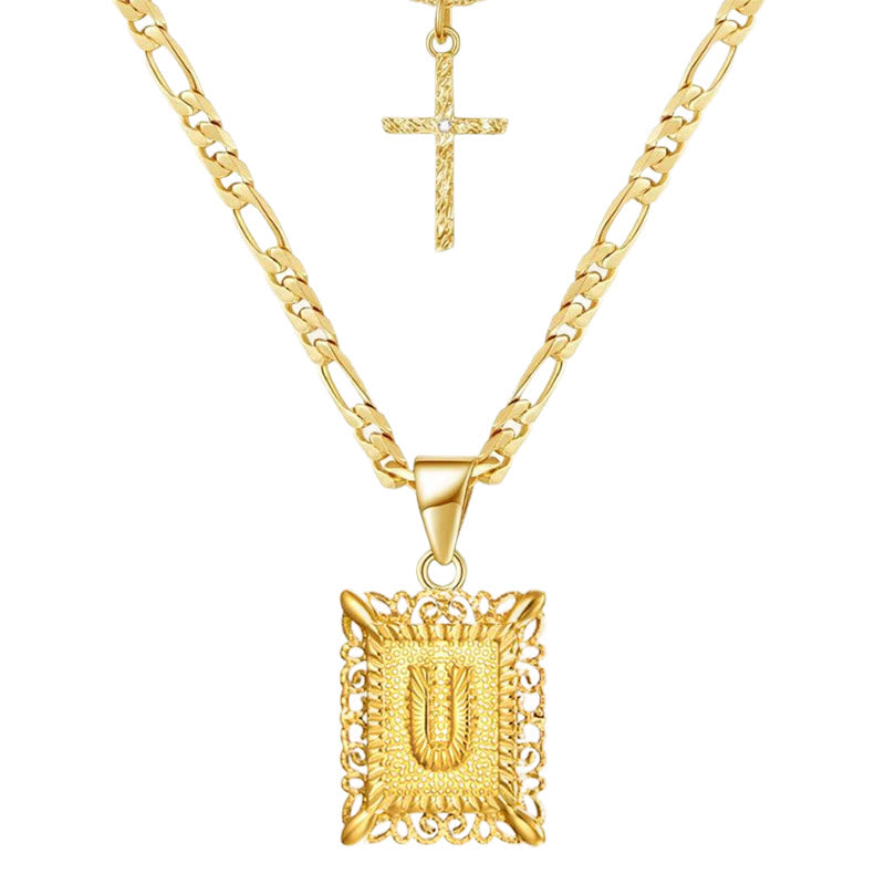 Golden Square Letter & Cross Hollow Necklace Double Chain - U - image 23